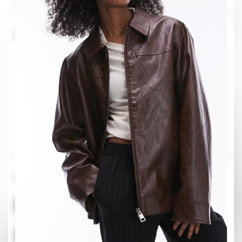 Topshop faux leather cracked vinyl jacket in brown